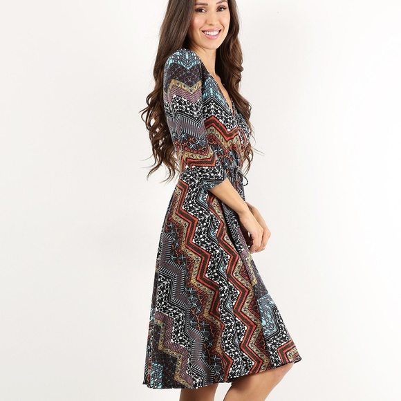 Brown Chevron Printed Dress - Picture 3 of 5